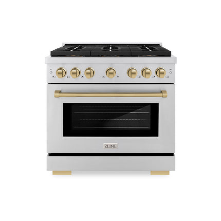 ZLINE Autograph Edition 36 in. 5.2 cu. ft. Paramount Gas Range with 6 Burner DuoPro™ Cooktop and Convection Gas Oven in Stainless Steel and Champagne Bronze Accents (PSGRZ-36-CB)
