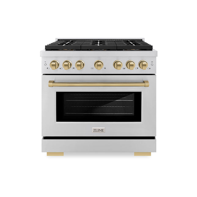 ZLINE Autograph Edition 36 in. 5.2 cu. ft. Paramount Gas Range with 6 Burner DuoPro™ Cooktop and Convection Gas Oven in Stainless Steel and Champagne Bronze Accents (PSGRZ-36-CB)