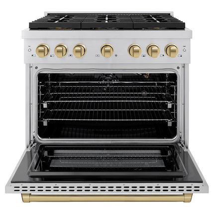 ZLINE Autograph Edition 36 in. 5.2 cu. ft. Paramount Gas Range with 6 Burner DuoPro™ Cooktop and Convection Gas Oven in Stainless Steel and Champagne Bronze Accents (PSGRZ-36-CB)