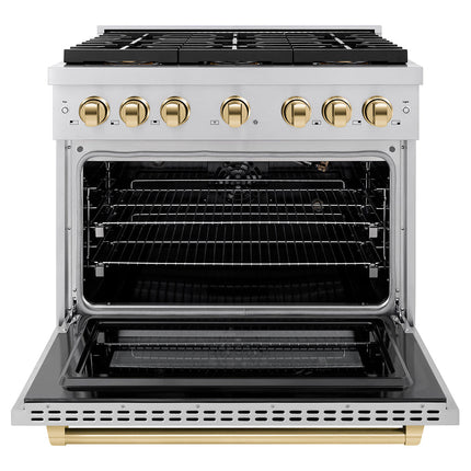ZLINE Autograph Edition 36 in. 5.2 cu. ft. Paramount Gas Range with 6 Burner DuoPro™ Cooktop and Convection Gas Oven in Stainless Steel and Polished Gold Accents (PSGRZ-36-G)