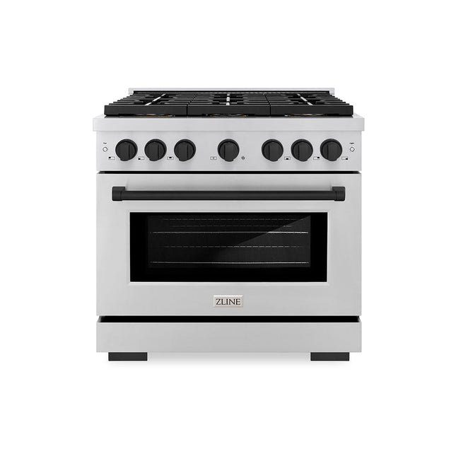 ZLINE Autograph Edition 36 in. 5.2 cu. ft. Paramount Gas Range with 6 Burner DuoPro™ Cooktop and Convection Gas Oven in Stainless Steel and Matte Black Accents (PSGRZ-36-MB)