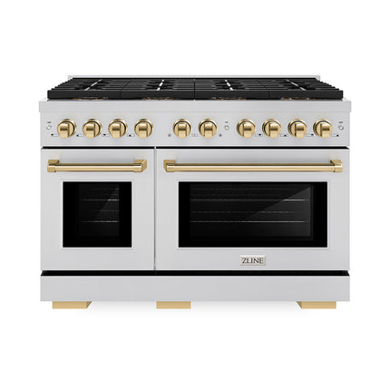 ZLINE Autograph Edition 48 in. 6.7 cu. ft. Paramount Gas Range with 8 Burner DuoPro™ Cooktop and Dual Ovens in Stainless Steel and Polished Gold Accents (PSGRZ-48-G)