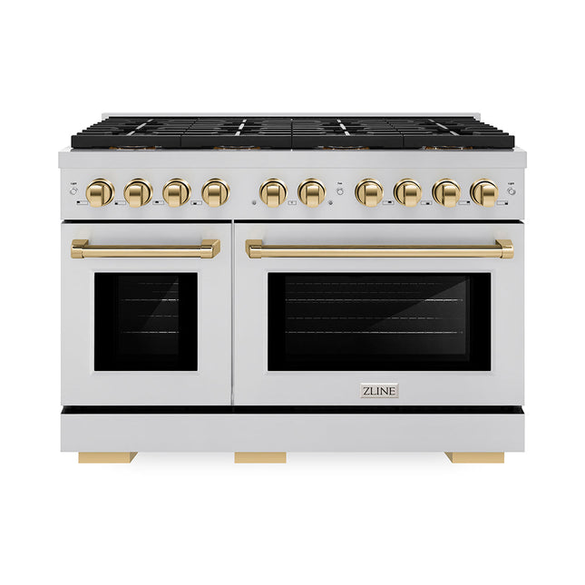 ZLINE Autograph Edition 48 in. 6.7 cu. ft. Paramount Gas Range with 8 Burner DuoPro™ Cooktop and Dual Ovens in Stainless Steel and Polished Gold Accents (PSGRZ-48-G)