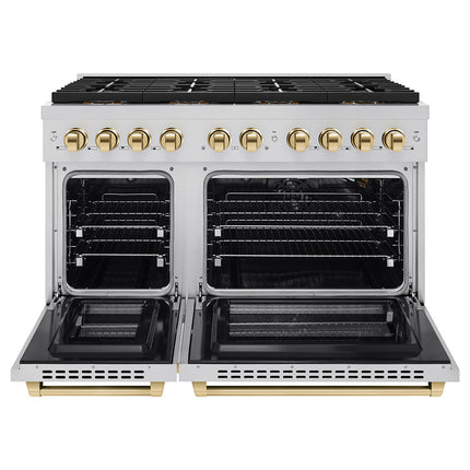 ZLINE Autograph Edition 48 in. 6.7 cu. ft. Paramount Gas Range with 8 Burner DuoPro™ Cooktop and Dual Ovens in Stainless Steel and Polished Gold Accents (PSGRZ-48-G)