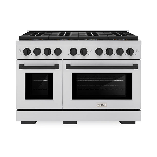 ZLINE Autograph Edition 48 in. 6.7 cu. ft. Paramount Gas Range with 8 Burner DuoPro™ Cooktop and Dual Ovens in Stainless Steel and Matte Black Accents (PSGRZ-48-MB)