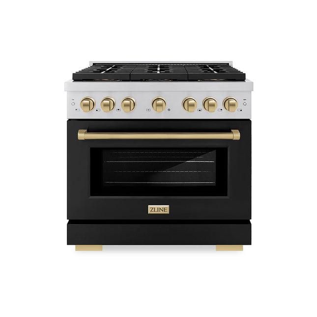 ZLINE Autograph Edition 36 in. 5.2 cu. ft. Paramount Gas Range with 6 Burner DuoPro™ Cooktop and Convection Gas Oven with Black Matte Door and Champagne Bronze Accents (PSGRZ-BLM-36-CB)