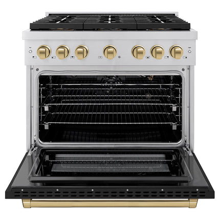 ZLINE Autograph Edition 36 in. 5.2 cu. ft. Paramount Gas Range with 6 Burner DuoPro™ Cooktop and Convection Gas Oven with Black Matte Door and Champagne Bronze Accents (PSGRZ-BLM-36-CB)