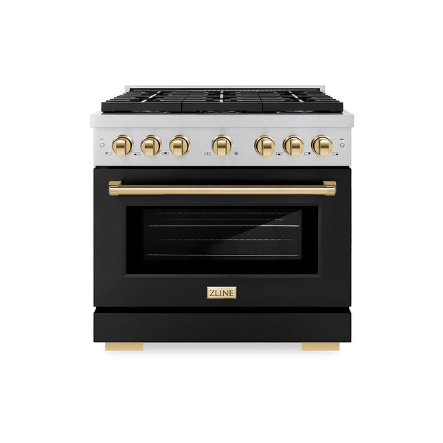 ZLINE Autograph Edition 36 in. 5.2 cu. ft. Paramount Gas Range with 6 Burner DuoPro™ Cooktop and Convection Gas Oven with Black Matte Door and Polished Gold Accents (PSGRZ-BLM-36-G)