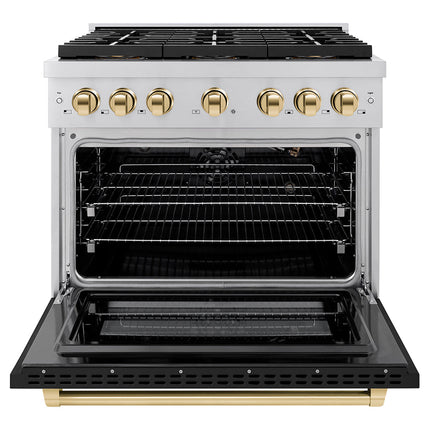 ZLINE Autograph Edition 36 in. 5.2 cu. ft. Paramount Gas Range with 6 Burner DuoPro™ Cooktop and Convection Gas Oven with Black Matte Door and Polished Gold Accents (PSGRZ-BLM-36-G)