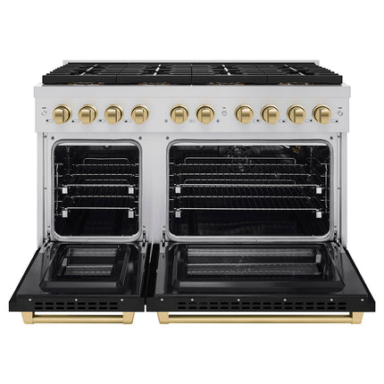 ZLINE Autograph Edition 48 in. 6.7 cu. ft. Paramount Gas Range with 8 Burner DuoPro™ Cooktop and Dual Ovens with Black Matte Doors and Champagne Bronze Accents (PSGRZ-BLM-48-CB)