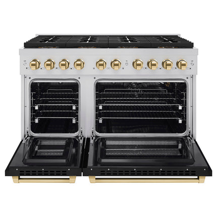 ZLINE Autograph Edition 48 in. 6.7 cu. ft. Paramount Gas Range with 8 Burner DuoPro™ Cooktop and Dual Ovens with Black Matte Doors and Polished Gold Accents (PSGRZ-BLM-48-G)