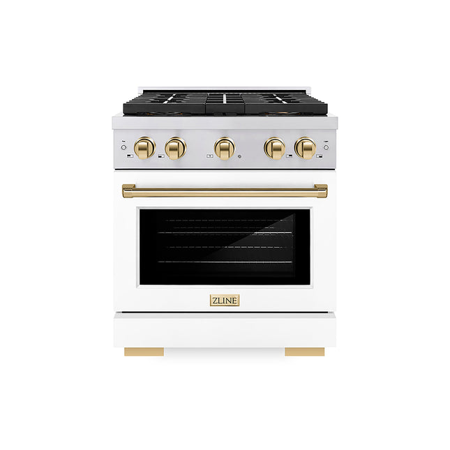 ZLINE Autograph Edition 30 in. 4.2 cu. ft. Paramount Gas Range with 4 Burner DuoPro™ Cooktop and Convection Gas Oven in Stainless Steel with White Matte Door and Polished Gold Accents (PSGRZ-WM-30-G)