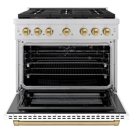 ZLINE Autograph Edition 36 in. 5.2 cu. ft. Paramount Gas Range with 6 Burner DuoPro™ Cooktop and Convection Gas Oven with White Matte Door and Champagne Bronze Accents (PSGRZ-WM-36-CB)