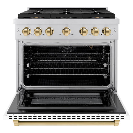 ZLINE Autograph Edition 36 in. 5.2 cu. ft. Paramount Gas Range with 6 Burner DuoPro™ Cooktop and Convection Gas Oven with White Matte Door and Polished Gold Accents (PSGRZ-WM-36-G)