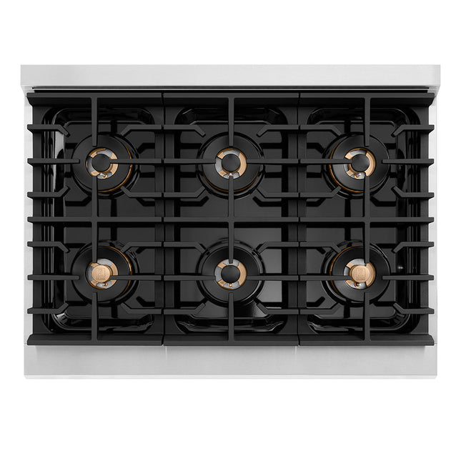 ZLINE Autograph Edition 36 in. 5.2 cu. ft. Paramount Gas Range with 6 Burner DuoPro™ Cooktop and Convection Gas Oven with White Matte Door and Polished Gold Accents (PSGRZ-WM-36-G)
