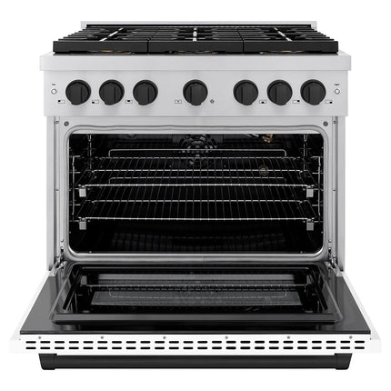 ZLINE Autograph Edition 36 in. 5.2 cu. ft. Paramount Gas Range with 6 Burner DuoPro™ Cooktop and Convection Gas Oven with White Matte Door and Matte Black Accents (PSGRZ-WM-36-MB)