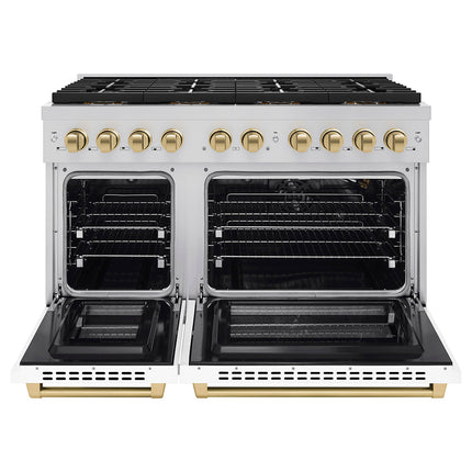 ZLINE Autograph Edition 48 in. 6.7 cu. ft. Paramount Gas Range with 8 Burner DuoPro™ Cooktop and Dual Ovens with White Matte Doors and Champagne Bronze Accents (PSGRZ-WM-48-CB)