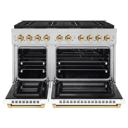 ZLINE Autograph Edition 48 in. 6.7 cu. ft. Paramount Gas Range with 8 Burner DuoPro™ Cooktop and Dual Ovens with White Matte Doors and Polished Gold Accents (PSGRZ-WM-48-G)