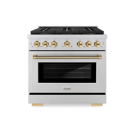 ZLINE Autograph Edition 36 in. 5.2 cu. ft. Paramount Gas Range with 6 Burner DuoPro™ Cooktop and Convection Gas Oven in Stainless Steel with Champagne Bronze Helix Handle and Accents (PSGRZ-36-KCB)
