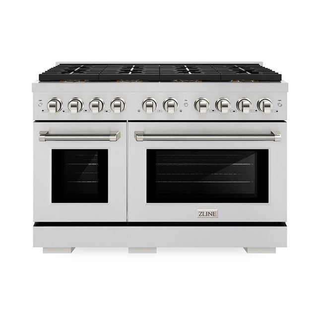 ZLINE Autograph Edition 48 in. 6.7 cu. ft. Paramount Gas Range with 8 Burner DuoPro™ Cooktop and Dual Ovens in Stainless Steel with Polished Nickel Helix Handles and Accents (PSGRZ-48-KPN)