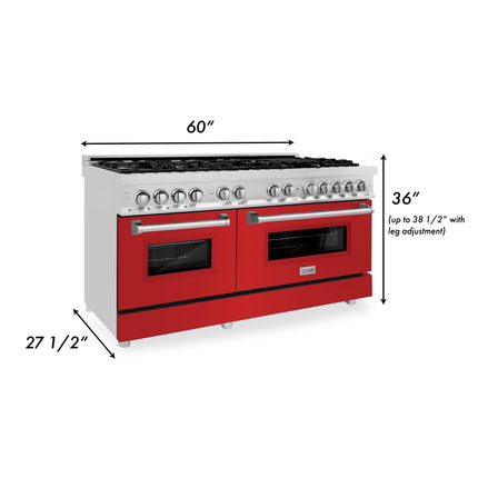 ZLINE 60 in. 7.4 cu. ft. Legacy Dual Fuel Range with 9 Burner Gas Cooktop and 2 Electric Convection Ovens in Stainless Steel and Red Matte Doors (RA-RM-60)