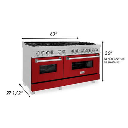 ZLINE 60 in. 7.4 cu. ft. Legacy Dual Fuel Range with 9 Burner Gas Cooktop and 2 Electric Convection Ovens in Satin Stainless Steel and Red Gloss Doors (RAS-RG-60)