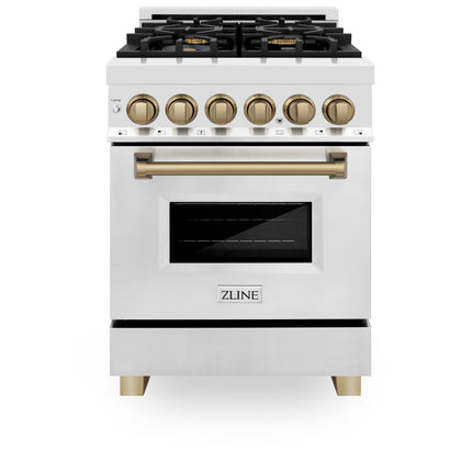 ZLINE Autograph Edition 24 in. 2.8 cu. ft. Legacy Dual Fuel Range with 4 Burner Gas Cooktop and Electric Convection Oven in Stainless Steel and Champagne Bronze Accents (RAZ-24-CB)