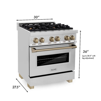 ZLINE Autograph Edition 30 in. Kitchen Package with Stainless Steel Dual Fuel Range, Range Hood, Dishwasher, and Refrigerator with External Water Dispenser with Champagne Bronze Accents (4AKPR-RARHDWM30-CB)