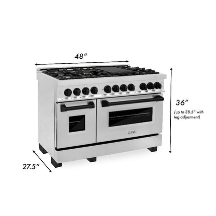 ZLINE Autograph Edition 48 in. Kitchen Package with Stainless Steel Dual Fuel Range, Range Hood, Dishwasher and Refrigeration Including External Water Dispenser with Matte Black Accents (4AKPR-RARHDWM48-MB)