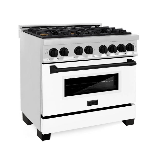 ZLINE Autograph Edition 36 in. Kitchen Package with Stainless Steel Dual Fuel Range with White Matte Door, Range Hood and Dishwasher with Matte Black Accents (3AKP-RAWMRHDWM36-MB)