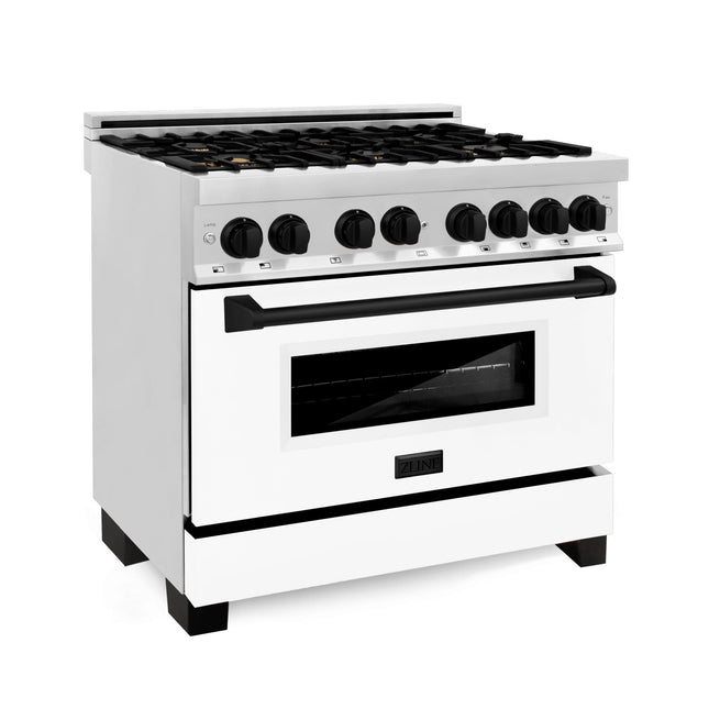 ZLINE Autograph Edition 36 in. 4.6 cu. ft. Legacy Dual Fuel Range with 6 Burner Gas Cooktop and Electric Convection Oven in Stainless Steel with White Matte Door and Matte Black Accents (RAZ-WM-36-MB)