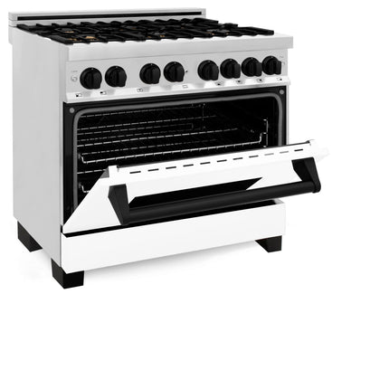 ZLINE Autograph Edition 36 in. 4.6 cu. ft. Legacy Dual Fuel Range with 6 Burner Gas Cooktop and Electric Convection Oven in Stainless Steel with White Matte Door and Matte Black Accents (RAZ-WM-36-MB)
