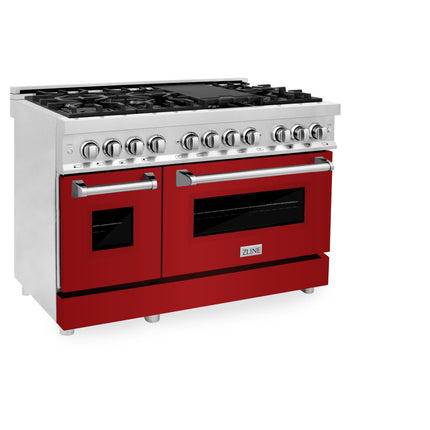 ZLINE 48 in. 6.0 cu. ft. Legacy Dual Fuel Range with 7 Burner Gas Cooktop and 2 Electric Ovens in Stainless Steel and Red Gloss Doors (RA-RG-48)