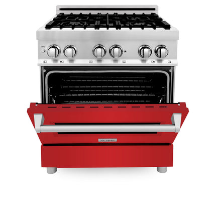 ZLINE 30 in. 4.0 cu. ft. Legacy Dual Fuel Range with 4 Burner Gas Cooktop and Electric Convection Oven in Stainless Steel and Red Matte Door (RA-RM-30)