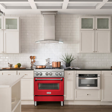 ZLINE 30 in. 4.0 cu. ft. Legacy Dual Fuel Range with 4 Burner Gas Cooktop and Electric Convection Oven in Stainless Steel and Red Matte Door (RA-RM-30)