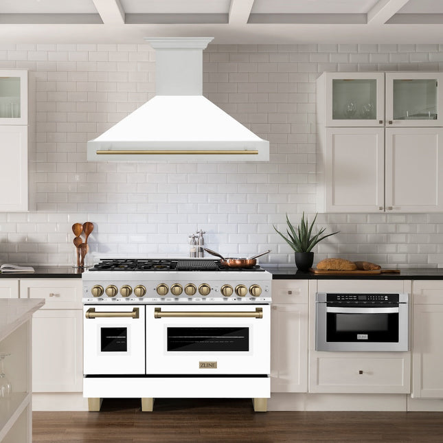 ZLINE Autograph Edition 48" Stainless Steel Range Hood with White Matte Shell and Champagne Bronze Handle (8654STZ-WM48-CB)