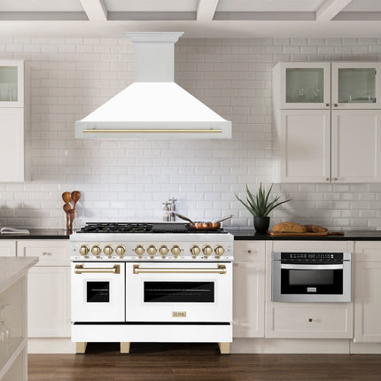 ZLINE Autograph Edition 48" Stainless Steel Range Hood with White Matte Shell and Polished Gold Handle (8654STZ-WM48-G)