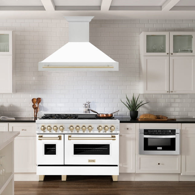 ZLINE Autograph Edition 48" Stainless Steel Range Hood with White Matte Shell and Polished Gold Handle (8654STZ-WM48-G)