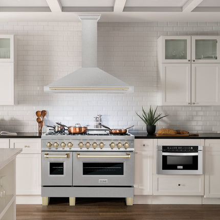 ZLINE Autograph Edition 48 in. Convertible Satin Stainless Steel Wall Mount Range Hood with Polished Gold Handle (KB4SNZ-48-G)