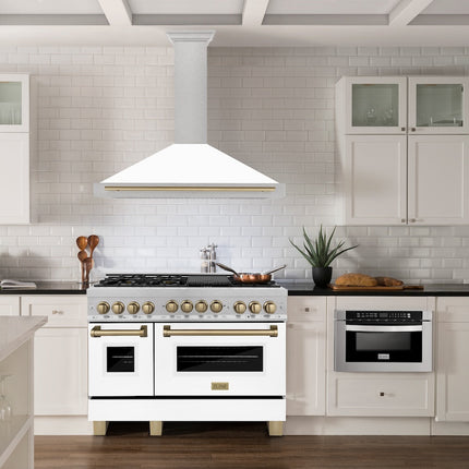 ZLINE 48 in. Autograph Edition Convertible Fingerprint Resistant Satin Stainless Steel Range Hood with White Matte Shell and Champagne Bronze Handle (KB4SNZ-WM48-CB)