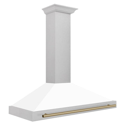 ZLINE 48 in. Autograph Edition Convertible Fingerprint Resistant Satin Stainless Steel Range Hood with White Matte Shell and Champagne Bronze Handle (KB4SNZ-WM48-CB)