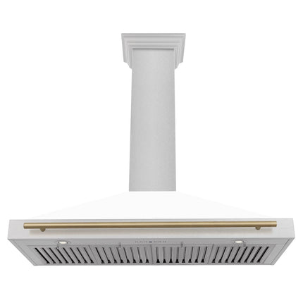 ZLINE 48 in. Autograph Edition Convertible Fingerprint Resistant Satin Stainless Steel Range Hood with White Matte Shell and Champagne Bronze Handle (KB4SNZ-WM48-CB)
