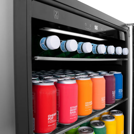 ZLINE 24" Autograph Edition 154 Can Beverage Cooler Fridge with Adjustable Shelves in Stainless Steel with Matte Black Accents (RBVZ-US-24-MB)