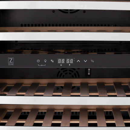 ZLINE 24" Autograph Edition Dual Zone 44-Bottle Wine Cooler in Stainless Steel with Wood Shelf and Polished Gold  Accents (RWVZ-UD-24-G)