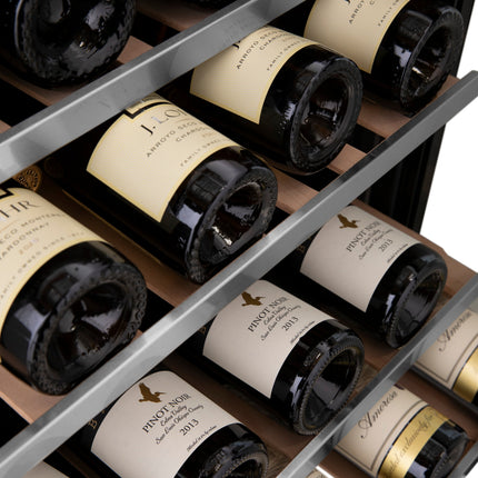 ZLINE 24" Autograph Edition Dual Zone 44-Bottle Wine Cooler in Stainless Steel with Wood Shelf and Polished Gold  Accents (RWVZ-UD-24-G)