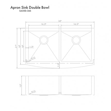 ZLINE 36 in. Niseko Farmhouse Apron Mount Double Bowl Satin Stainless Steel Kitchen Sink with Bottom Grid (SA50D-36S)