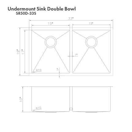 ZLINE 33 in. Anton Undermount Double Bowl Satin Stainless Steel Kitchen Sink with Bottom Grid (SR50D-33S)