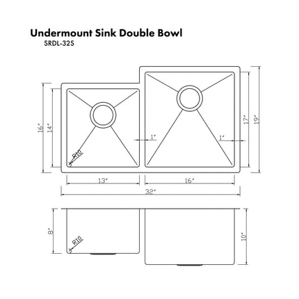 ZLINE 32 in. Jackson Undermount Double Bowl Satin Stainless Steel Kitchen Sink with Bottom Grid (SRDL-32S)