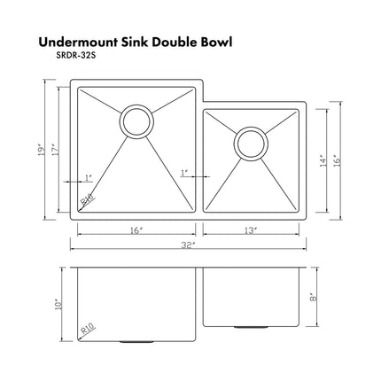 ZLINE 32 in. Jackson Undermount Double Bowl Satin Stainless Steel Kitchen Sink with Bottom Grid (SRDR-32S)