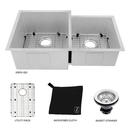 ZLINE 32 in. Jackson Undermount Double Bowl Satin Stainless Steel Kitchen Sink with Bottom Grid (SRDR-32S)